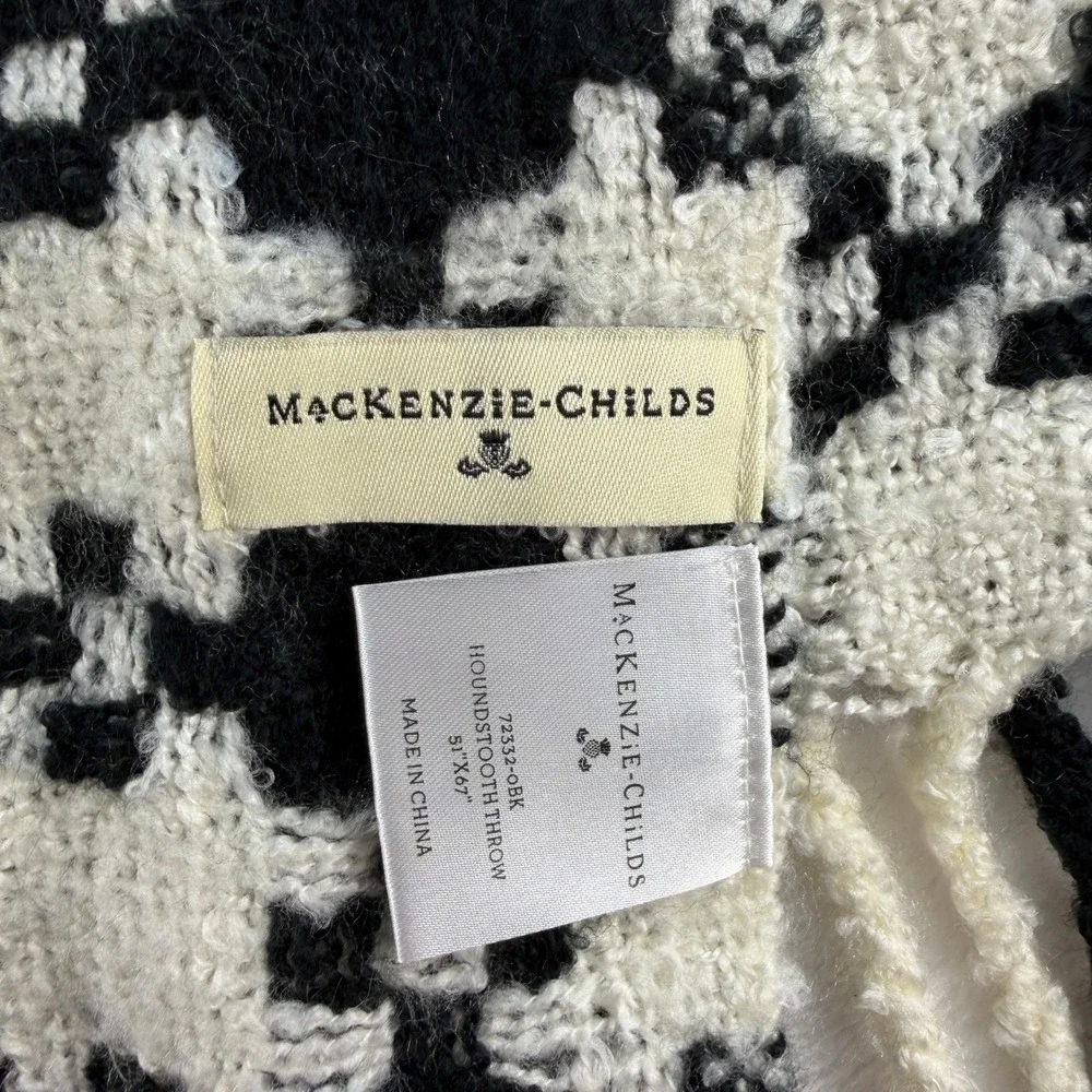 MacKenzie Childs Houndstooth Throw Blanket Fringe Black Ivory‎ 51